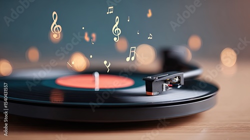 Transparent vinyl record player playing music notes on wooden surface