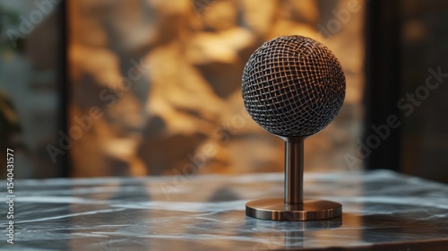 Close-up of professional conference microphones arranged on a modern boardroom table in a corporate meeting room with blurred background and soft natural lighting



