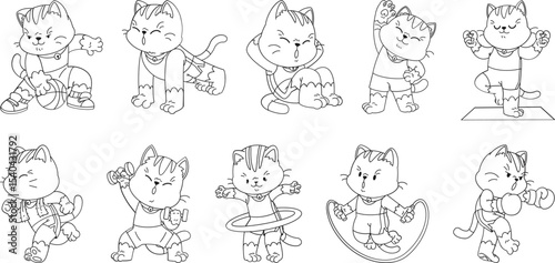 Vector set of cute cartoon cats doing different fitness exercises including yoga, weightlifting, hula hoop, and boxing, perfect for kids activity books, posters, and t-shirt prints.


