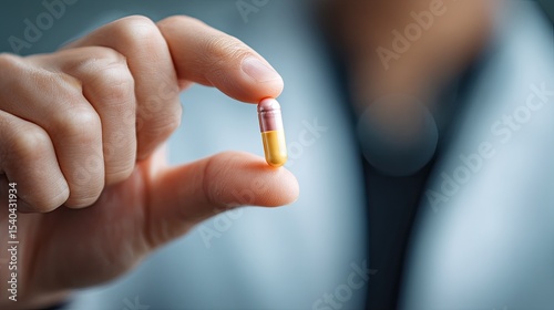 Fingers holding red and blue pill close up