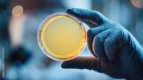 Scientist wearing blue gloves holding petri dish with bacteria culture in laboratory