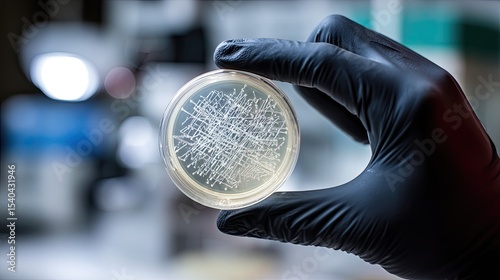 Scientist wearing blue gloves holding petri dish with bacteria culture in laboratory