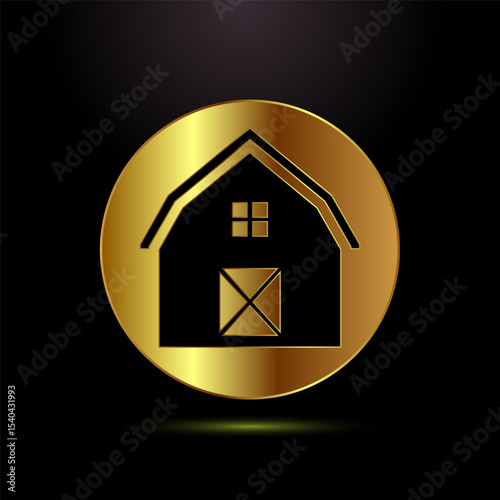 Farming barn icon design illustration, farm and agriculture barn sign symbol in gold color style