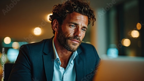 Focused businessman working late at night on laptop in office