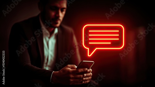Startup founder interacting with chatbot on smartphone, using ai and machine learning technology