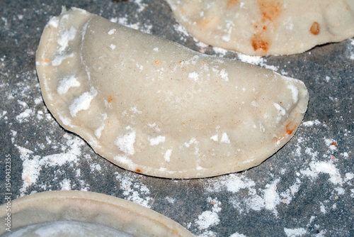 Close up of home made Chinese dim sum dumplings Jiaozi or Gyoza on bakking tray ready to be fried
