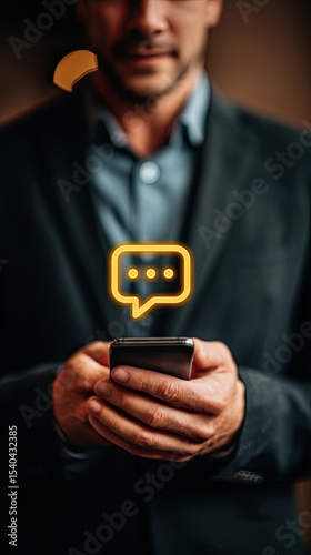 Startup founder interacting with chatbot on smartphone, using ai and machine learning technology