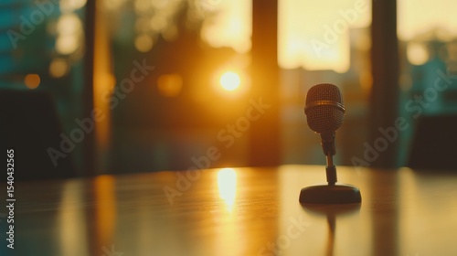 Close-up of professional conference microphones arranged on a modern boardroom table in a corporate meeting room with blurred background and soft natural lighting



