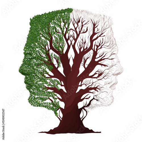 Bipolar disorder concept with human face tree half green and dry showing mental health contrast