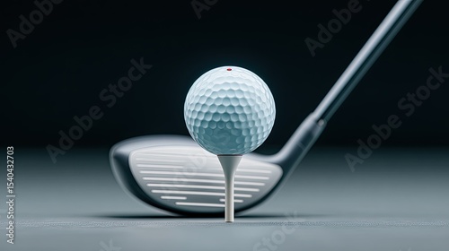Golf club positioned behind golf ball on tee, ready to be hit, against a dark background