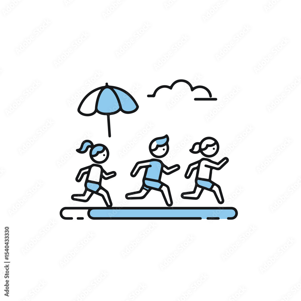 A cute illustration of a group of children running in the beach A cute illustration of a group of children running in the beach