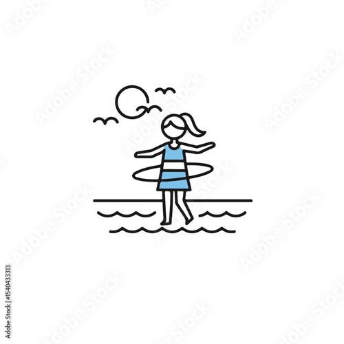 A joyful girl spinning a hula hoop at the beach, enjoying the sun and the waves.