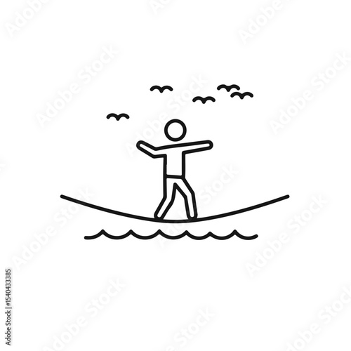 Silhouette of a person walking on a tightrope with birds flying.