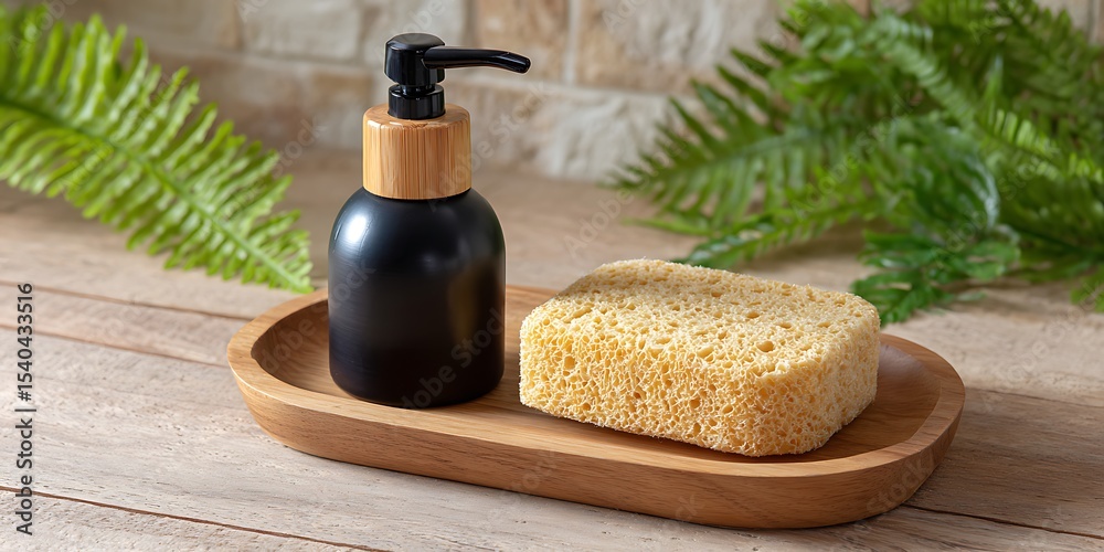 Naklejka premium Black liquid soap bottle and scrub sponges
