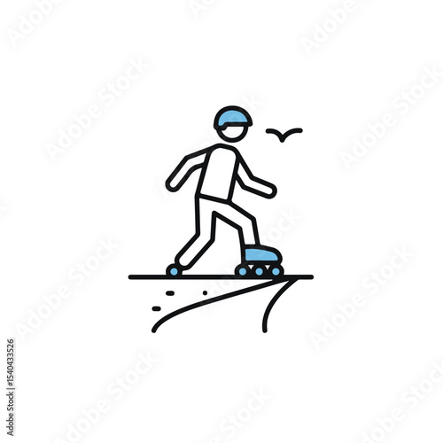 Inline skater on the edge of a cliff and a bird.