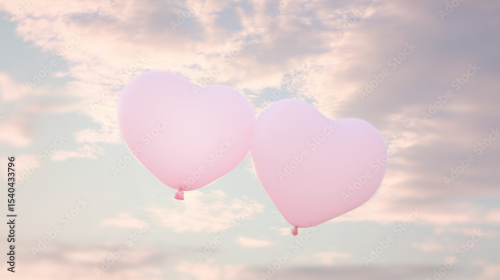 Fototapeta premium Two delicate pink heart-shaped balloons float gently in a soft pastel sky with wispy clouds, creating a dreamy romantic atmosphere evoking lightness and affection.