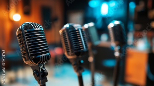 Close-up of professional conference microphones arranged on a modern boardroom table in a corporate meeting room with blurred background and soft natural lighting



