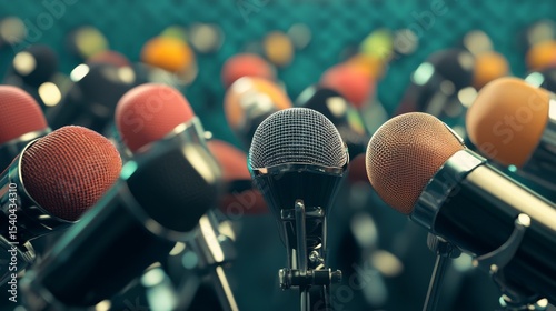 Close-up of professional conference microphones arranged on a modern boardroom table in a corporate meeting room with blurred background and soft natural lighting



