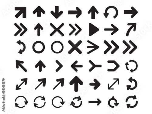 Black and White Arrow and Navigation Icons, vector illustration modern graphic design featuring a variety of black arrow and navigation icons on a white background, icons, UX icons, vector graphics, g