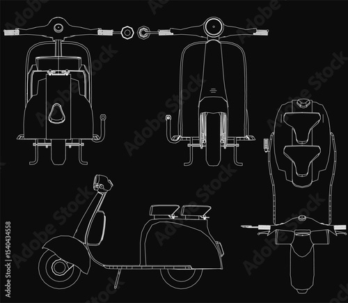 Blueprint of a classic scooter with sleek design and detailed outline, set against a stark black background. The white lines contrast sharply, highlighting the scooter's iconic curves and retro.
