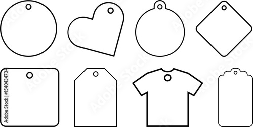 Vector set of blank outline tags in various shapes including round, square, heart, T-shirt, and gift forms, ideal for product labels, pricing, packaging, crafts, and branding projects.


