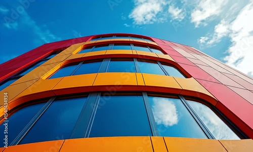 Low Angle View of an Orange and Pink Modern Building with Glass Facade Against a Clear Blue Sky with Scattered Clouds