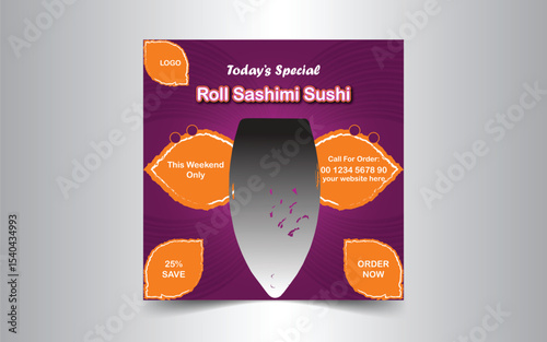Delicious sushi social media promotion and Instagram banner post design template for a food restaurant