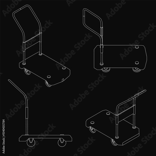 Hand trucks on a black background, each with four wheels and a sturdy handle for smooth transport. The white trolleys contrast sharply against the dark backdrop, highlighting their clean,.