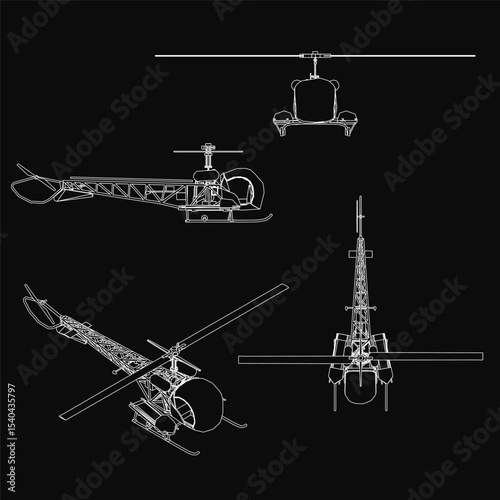 Detailed blueprint of a helicopter on a black background highlights rotor blades, tail section, cockpit, and landing gear. Technical schematic showcases precise engineering and aerodynamics