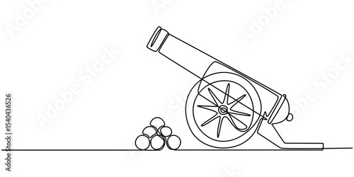 Cannon continuous one line drawing minimalism design, Continuous One line drawing of Cannon. Ancient military defense symbol with basic barrel and wheel details, Army warfare equipment in battlefield.