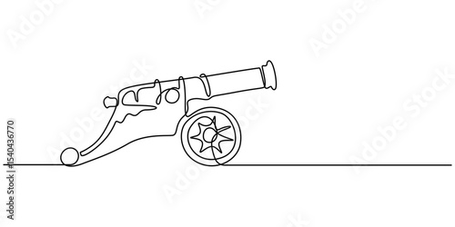 Cannon continuous one line drawing minimalism design, Continuous One line drawing of Cannon. Ancient military defense symbol with basic barrel and wheel details, Army warfare equipment in battlefield.