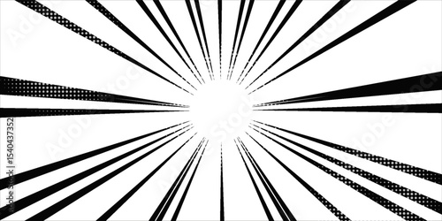 Comic book black and white radial lines background. Manga speed frame. Super hero action. Vector illustration.