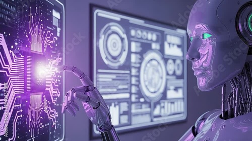 Metallic Robot Interacting With Digital Interface Showing Data Analysis and Futuristic Technologies