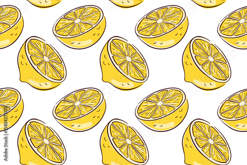 Seamless pattern of yellow lemon half with segments on a white background in flat style. Perfect for fresh citrus theme, summer design, kitchen decor and healthy food illustration.