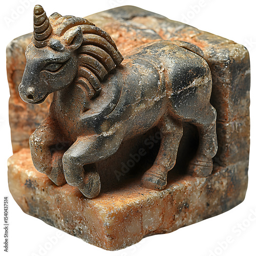 Ancient Indus Valley stone seal, Harappan civilization, isolated on a white background