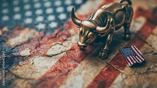high-detail macro shot of a Wall Street bronze bull figurine toppled on its side next to a cracked red graph icon and a faded American flag lapel pin