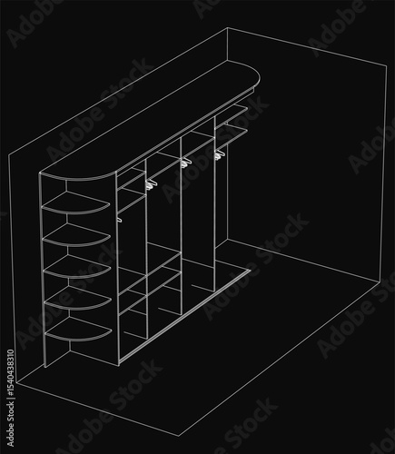 A black and white line drawing of a wardrobe with a shoe rack, featuring clean outlines and a dark background. The minimalist style creates a mysterious atmosphere, perfect for modern interior.