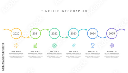 Business road map timeline infographic concept. with icons and 6 steps. Can be used for workflow layout, icons, arrow, diagrams. annual report and Milestone information. Vector illustration.