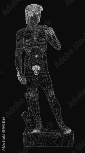 A 3D wireframe statue of a man resembling David stands on a black background, featuring intricate geometric lines and a futuristic aesthetic. The minimalist design highlights the human