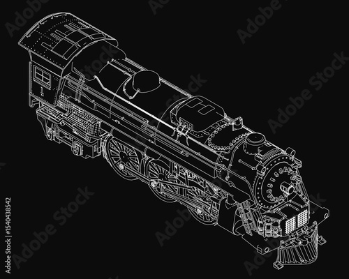 A vintage steam locomotive rendered as a detailed black and white 3D model, featuring intricate engine components, smokestacks, and large wheels against a dark background.