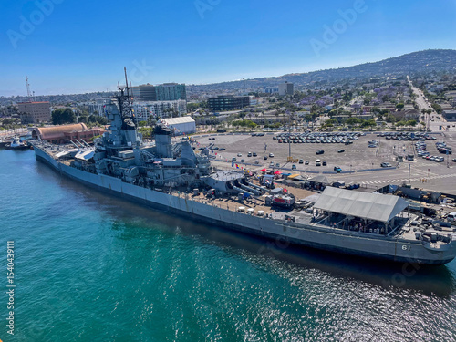 Port San Pedro, Los Angeles, California, June 2, 2025: The Port of San Pedro looking at the USS Iowa Battleship from a Cruise Ship showing the Size Comparison