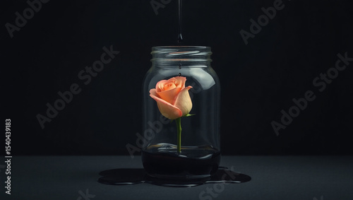 A surreal concept of environmental pollution: a delicate orange-pink rose trapped inside a transparent glass jar, which is covered in thick, glossy black oil.