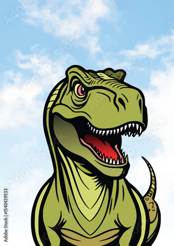 035-37-Green tyrannosaurus rex roaring under a cloudy blue sky, showing teeth and tongue. Hand-drawn illustration
