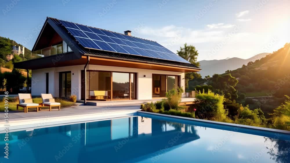 Modern home with solar panels and a swimming pool reflecting a picturesque mountainside at sunset for sustainable living