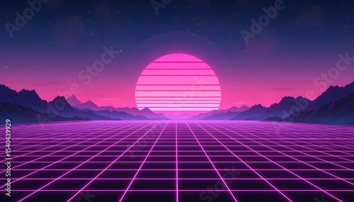 Retro Synthwave Sunset Landscape Mountains Grid Neon Pink Sky Design