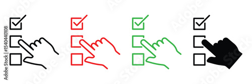Selection checklist task mark hand pointer click tick option choose decision form input survey UI element icon vector illustration.