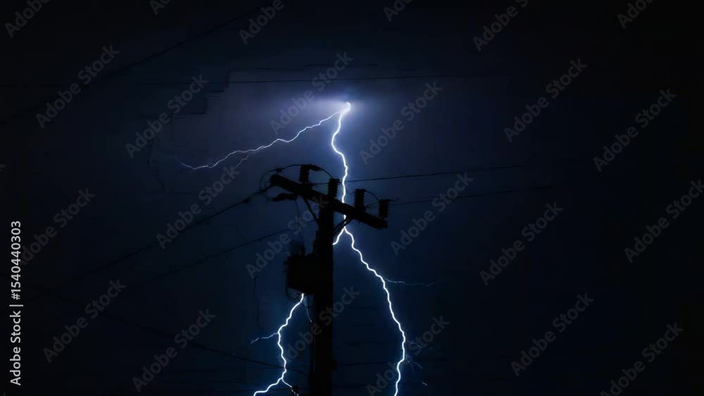 Lightning Strikes Power Lines During Stormy Night Sky