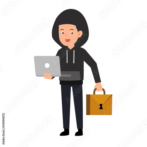 AW.007.035.002.A smiling hacker in a hoodie holds a laptop and a locked briefcase.
