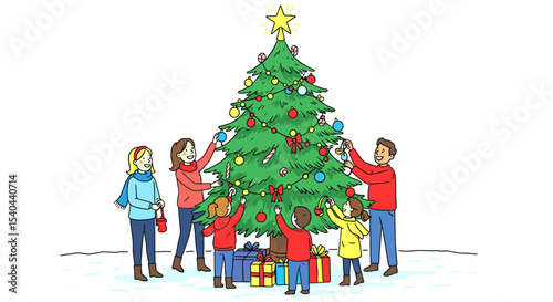 Family decorating Christmas tree together with gifts around them  