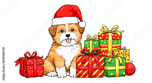 Cute dog wearing Santa hat sitting next to Christmas presents  